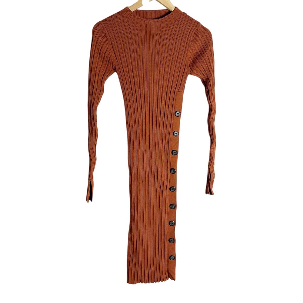 Adam Lippes Rust Ribbed Knit Side Button Long Sleeve Sweater Midi Dress Size S - Picture 6 of 16